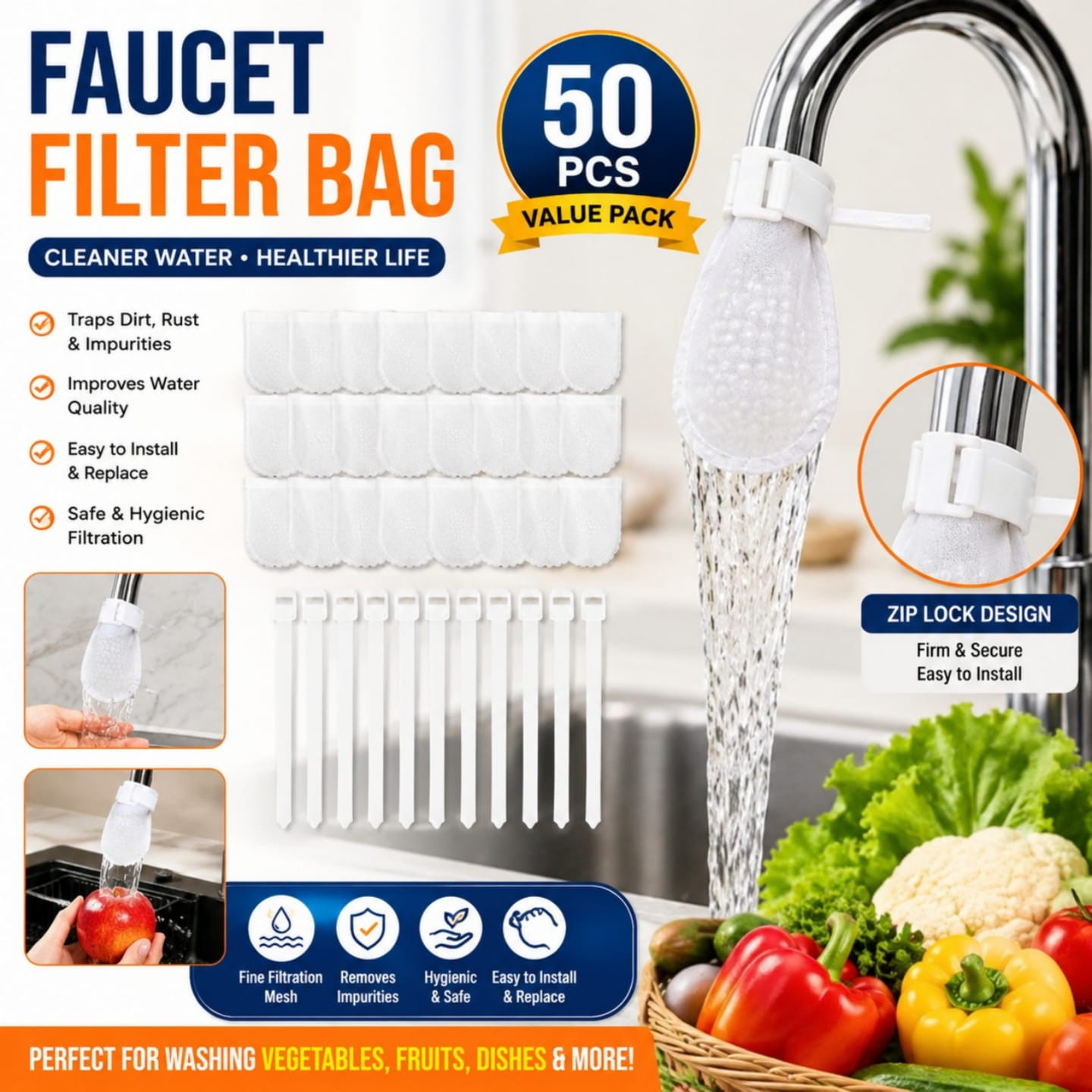 50Pcs Anti-splash Cotton Thickened Filter High-density Universal Faucet Filter (with 10pcs T-strap)-0941